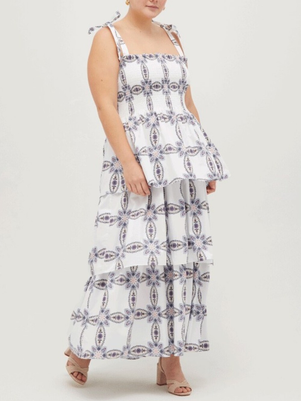 Hill House Nap Dress White Elise Marseille Geo Maxi Tiered Large 100% Cotton